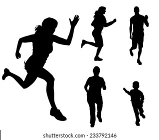 Vector silhouette of people who run on white background.