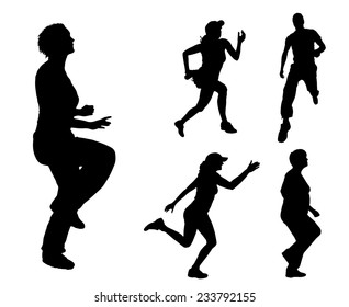 Vector silhouette of people who run on white background.
