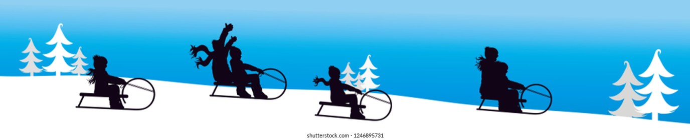 Vector silhouette of people who sledding on snow toboggan in the mountains in winter.