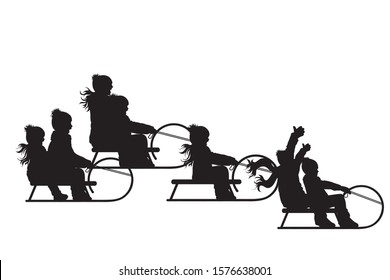 Vector silhouette of people who sledding on white background. Symbol of winter, child, boy, sledge, girl, friends, season, snow, cold, Christmas, frost.