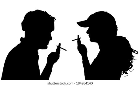 Vector silhouette of people who smoke on a white background.