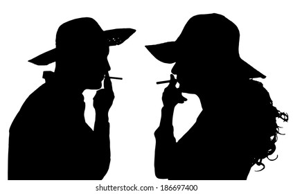 Vector silhouette of people who smoke on a white background.