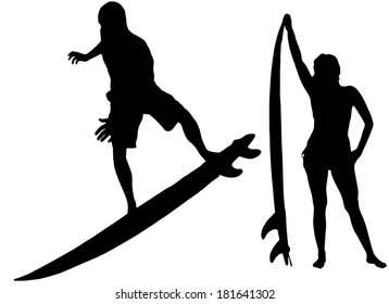 Vector silhouette of a people who surfs.