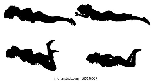 Vector silhouette of a people who swim on a white background.