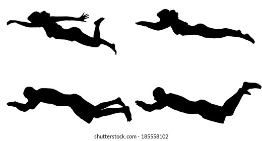 Vector silhouette of a people who swim on a white background.