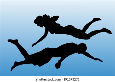 Vector silhouette of people who swim on a white background.