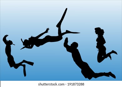 Vector silhouette of people who swim on a white background.