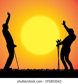 Vector silhouette of a people who walks on crutches at sunset.