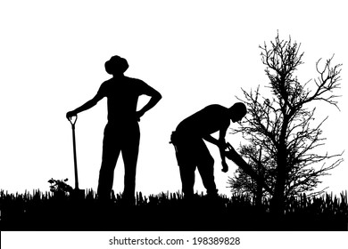 Vector silhouette of people who work in the garden.