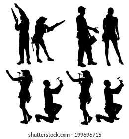 Vector silhouette of people who work with tools.