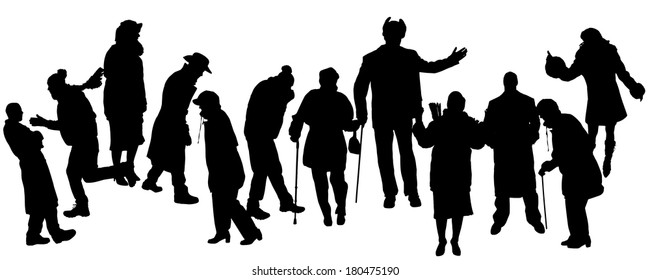 Vector silhouette of people in winter clothes on a white background. 