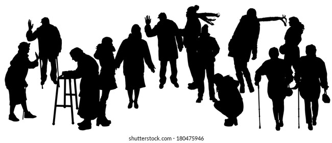 Vector silhouette of people in winter clothes on a white background. 