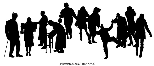Vector silhouette of people in winter clothes on a white background. 