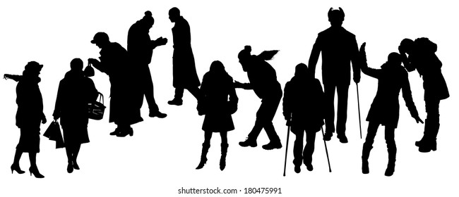 Vector silhouette of people in winter clothes on a white background. 