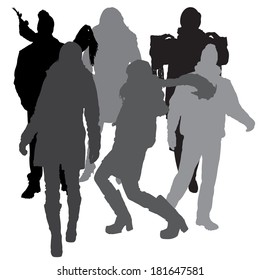 Vector silhouette of people in winter clothes on a white background. 