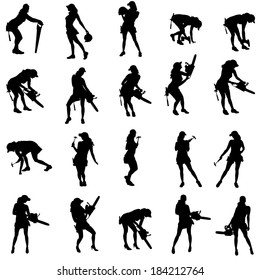 Vector silhouette of a people working with tools on a white background.