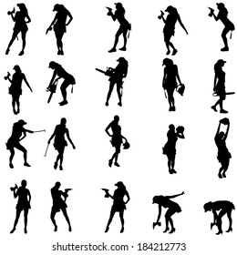 Vector silhouette of a people working with tools on a white background.