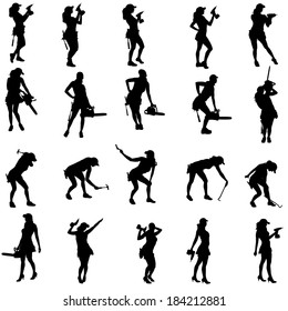 Vector silhouette of a people working with tools on a white background.
