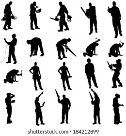 Vector silhouette of a people working with tools on a white background.