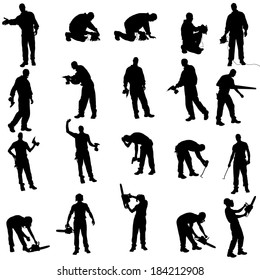Vector silhouette of a people working with tools on a white background.