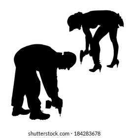 Vector silhouette of a people working with tools on a white background.