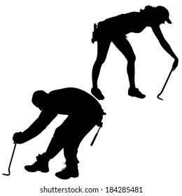 Vector silhouette of a people working with tools on a white background.