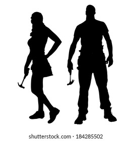 Vector silhouette of a people working with tools on a white background.