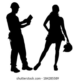 Vector silhouette of a people working with tools on a white background.