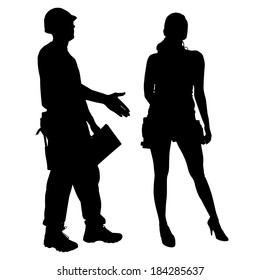 Vector silhouette of a people working with tools on a white background.