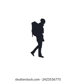 Vector silhouette of a person climbing a mountain carrying a backpack.