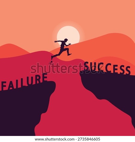 Vector silhouette of a person leaping across a gap from “Failure” to “Success” at sunrise, symbolizing courage, perseverance, risk-taking, growth, and transformation toward achievement silhouette