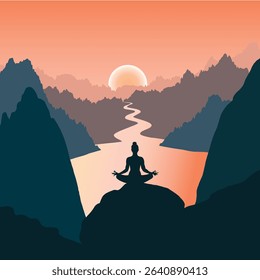 Vector silhouette of a person meditating in lotus pose on a mountaintop overlooking a winding river at sunset. The glowing sun and layered mountains create a peaceful, spiritual atmosphere. Ideal for 