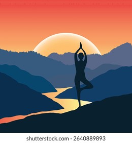 Vector silhouette of a person practicing tree pose (Vrksasana) on a mountain at sunset. The scene features a glowing sun setting over a winding river and layered hills. A peaceful, inspiring image per