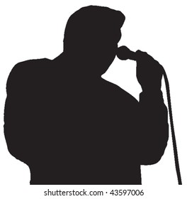 Vector silhouette of a person singing into a microphone.
