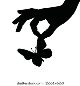 Vector silhouette of the person who abuses the butterfly on white background. Symbol of animal, insect, fly, evil, hurt, torment, bother.