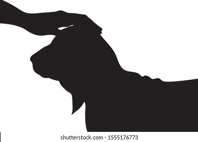 Vector silhouette of person who fondle his dog on white background. Symbol of animal, pet, care, love, save, vet, veterinary.