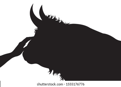 Vector silhouette of person who fondle his bull on white background. Symbol of animal, pet, cow, beef, care, love, save, vet, veterinary, farm.