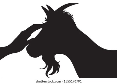 Vector silhouette of person who fondle his goat on white background. Symbol of animal, pet, care, love, save, vet, veterinary, farm.