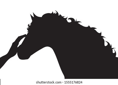 Vector silhouette of person who fondle his horse on white background. Symbol of animal, pet, care, love, save, vet, veterinary, farm.