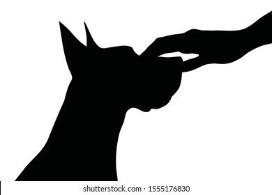 Vector silhouette of person who fondle his dog on white background. Symbol of animal, pet, care, love, save, vet, veterinary.