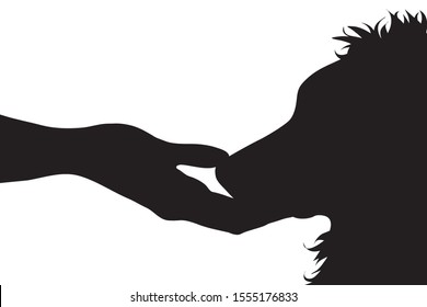 Vector silhouette of person who fondle his dog on white background. Symbol of animal, pet, care, love, save, vet, veterinary.