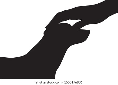 Vector silhouette of person who fondle his dog on white background. Symbol of animal, pet, care, love, save, vet, veterinary.