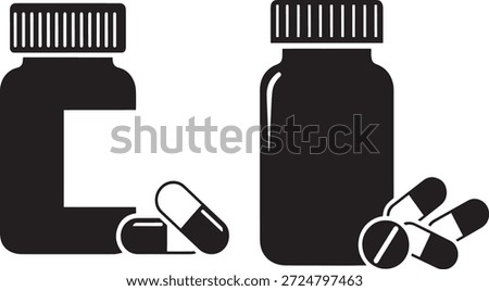 vector silhouette of a pharmacy medicine bottle with a few pills or capsules beside it. Simple and recognizable