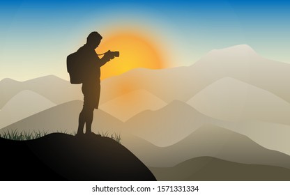 Vector silhouette of photographer on mountain at sunset.
