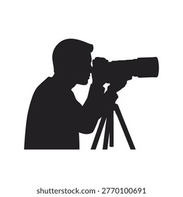 Vector silhouette of a photographer using a tripod to take a picture.