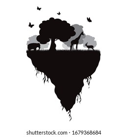 Vector silhouette of piece of land with animal and flying butterflies on white background. Symbol of nature and planet.