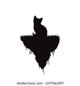 Vektorillustration Silhouette eines Stück Land mit Katze auf weißem Hintergrund. Symbol der Natur und des Planeten.