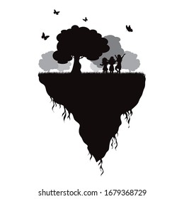 Vector silhouette of piece of land with children and flying butterflies on white background. Symbol of nature and planet.