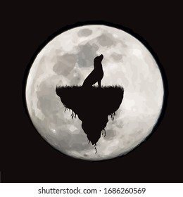 Vector silhouette of piece of land with dog on moon background. Symbol of night.