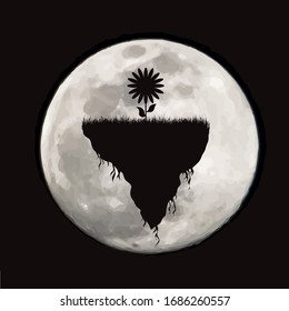 Vector silhouette of piece of land with flower on moon background. Symbol of night.